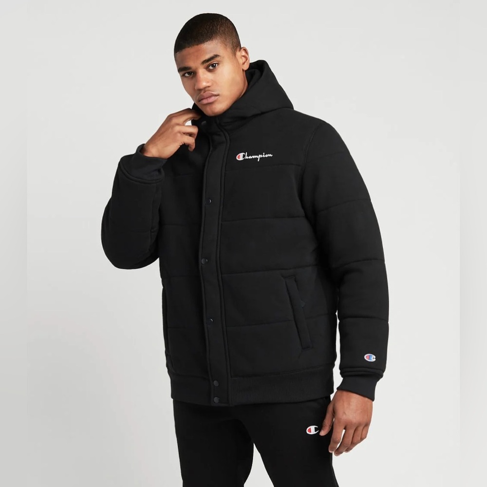 NWT Champion Hooded Reverse Weave heavy weight puffer Jacket Black large - Picture 1 of 15